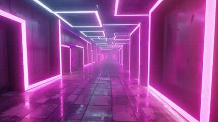 Poster - Neon tunnel with rotating square frames in a seamless 3D animation, bright and abstract