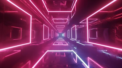 Aufkleber - Neon tunnel with rotating square frames in a seamless 3D animation, bright and abstract