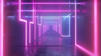 Aufkleber - Neon tunnel with rotating square frames in a seamless 3D animation, bright and abstract