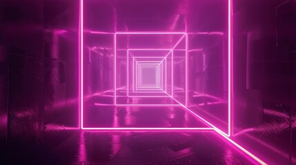 Aufkleber - Neon tunnel with rotating square frames in a seamless 3D animation, bright and abstract