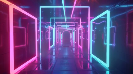 Aufkleber - Neon tunnel with rotating square frames, bright colors, looped 3D animation, abstract background