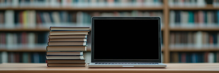 online education concept  with modern digital technology in education and literature with Laptop with stack of book on wooden table on library blur background