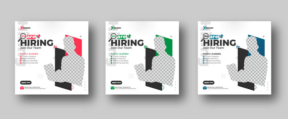 Wall Mural - we are hiring job vacancy social media post or square web banner template design with three color va