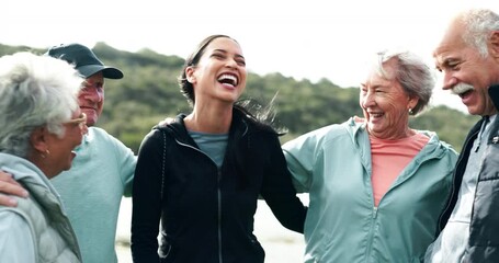 Canvas Print - Woman, fitness coach and happy with senior people in huddle for laughing, hug and motivation for exercise. Scrum, support and outdoor with comic joke at training, workout and wellness in retirement