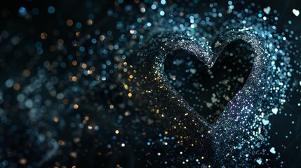 Poster - Glittery heart silhouette with luminous particles on black backdrop