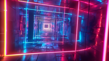 Poster - Abstract neon tunnel with 3D rotating square frames, looped animation, vivid colors