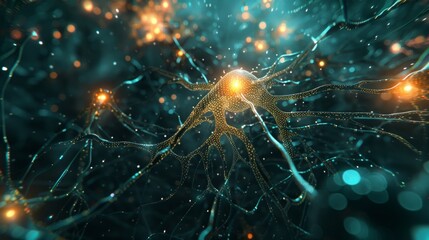 Fototapete - Abstract 3D animation of neural network in cyberspace with bright lights