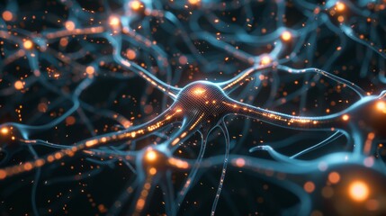 Fototapete - 3D rendering of neural network with glowing connections and digital particles