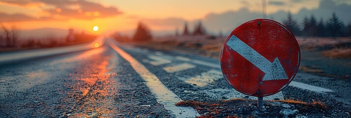 A red and white arrow is on the road