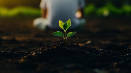 Close-up of a single green sprout growing from the earth with a person sitting in the background.