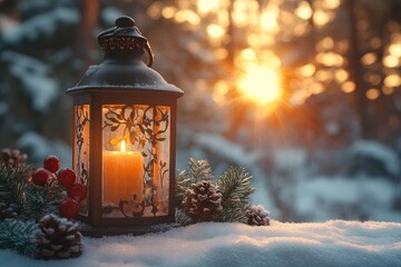 Wall Mural - vintage lantern illuminating snowy landscape at sunset during winter