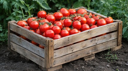 Wall Mural - Wooden crate overflowing with freshly picked red tomatoes