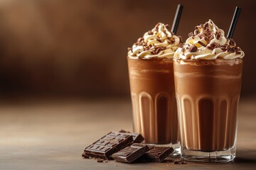 Two chocolate milkshakes topped with whipped cream and chocolate shavings are sitting on a table