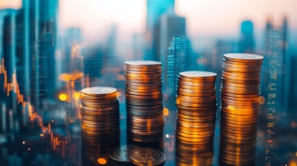 Poster - Double exposure of skyscrapers and coin stacks, illustrating the connection between financial management and urban development.