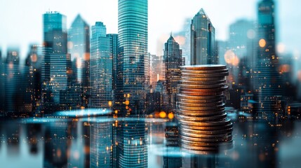 Poster - Double exposure of a city skyline merging with a stack of coins, representing the intersection of urban development and financial growth.