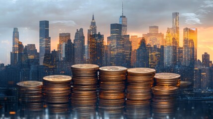 Poster - Double exposure effect showing a metropolitan skyline layered over a stack of coins, emphasizing the relationship between city growth and financial prosperity.