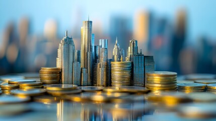 Poster - Double exposure effect showing a metropolitan skyline layered over a stack of coins, emphasizing the relationship between city growth and financial prosperity.