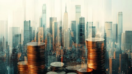 Poster - Double exposure effect showing a metropolitan skyline layered over a stack of coins, emphasizing the relationship between city growth and financial prosperity.