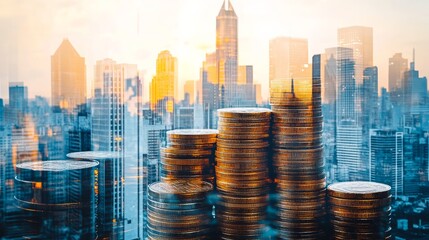 Poster - Double exposure of a city skyline merging with a stack of coins, representing the intersection of urban development and financial growth.