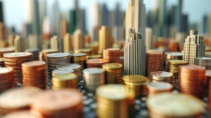 Poster - Combined view of city buildings and rows of coins, depicting the financial underpinnings of urban development.