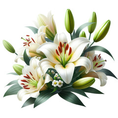 Wall Mural - Bouquet white lily with leaves and buds isolated on transparent background, floral design element, PNG Image