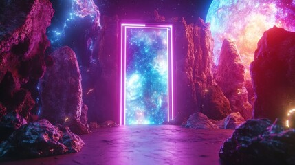 Poster - A futuristic, high-tech door with LED lights opens to a dazzling, alien planet with strange rock formations and colorful nebulas.