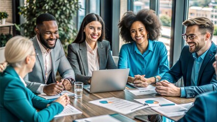 Wall Mural - smiling diverse colleagues gather in boardroom