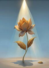 Wall Mural - Golden lotus flower illuminated by a spotlight.