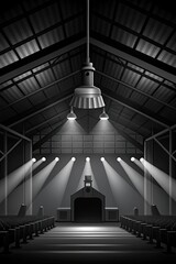 Canvas Print - Monochrome industrial interior with bright lights.