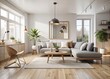 © DigitalArt Max - minimalist Scandinavian interior with spotless pale wood floor reflections and soft neutral tones exuding calmness and simplicity in modern living room