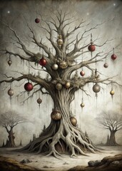 Wall Mural - A gnarled tree adorned with hanging ornaments.