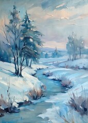 Poster - A serene winter landscape shows a frozen stream and snowy trees.