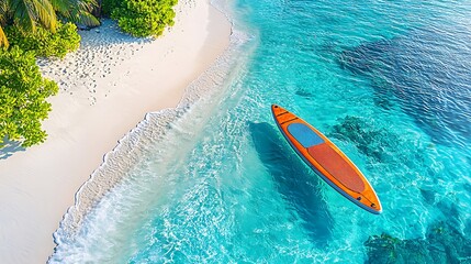 A bright paddleboard with orange and blue colors on a white sandy shore, captured from a high angle. The turquoise sea water and lapping waves enhance the serene mood. High-definition photography