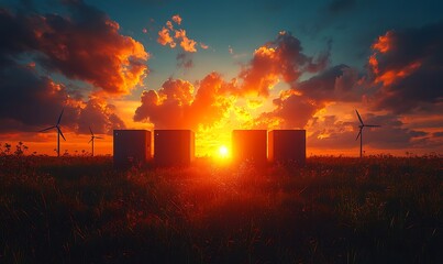  modern battery energy storage system with wind turbines and solar panel power plants in the background at sunset design 