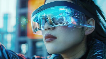 Woman Wearing Futuristic AR Glasses in City