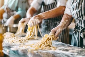 Middle-Aged Friends in Cooking Class Making Homemade Pasta with Chef - Culinary Team Building Activity