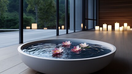 Wall Mural - First-person perspective of a spa bowl with water, floating flowers, and ambient candles, gentle ripples, and soft warm light, more clarity with clear light and sharp focus, high detailed