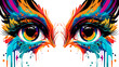 © wannasak - Closeup vector illustration of woman's face with dramatic eyelashes, focusing on colorful irises and intense gaze