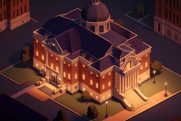 Wall Mural - An isometric university building at dusk, illuminated by warm, inviting lights.