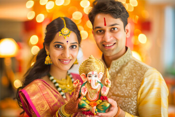 Young indian couple holding lord ganesha sculpture