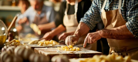 Wall Mural - Friends Enjoy Bonding in Lively Cooking Class Learning Homemade Pasta Techniques