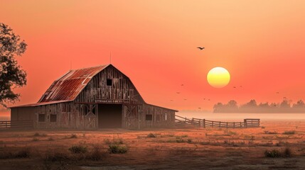 Wall Mural - Breathtaking Photorealistic View of Misty Sunrise Over a Barn 