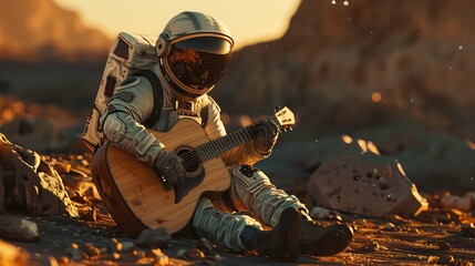 an astronaut sits on a desolate, rocky landscape, playing an acoustic guitar at sunset.