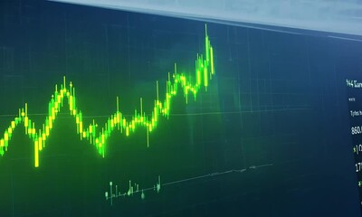 Fototapete - Close up of a screen showing a blue and green line graph, numbers, and data in the bottom right corner.