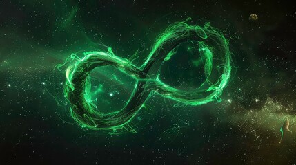Wall Mural - a glowing green infinity symbol against a dark starry background.
