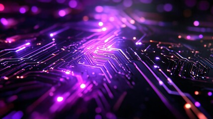 Wall Mural - a vibrant, abstract close-up of a circuit board illuminated with purple and orange lights, showcasin