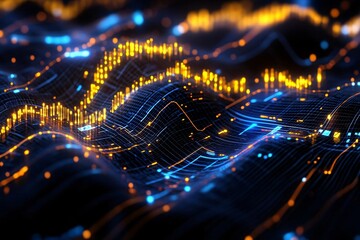 Wall Mural - abstract digital waves with glowing lines and data points, representing technology, communication, a