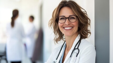 Wall Mural - woman, doctor, glasses, business, businesswoman, smiling, medicine, person, people, smile, face, beauty, professional, looking, health, stethoscope, medical, office, hospital, laboratory, one, nurse, 