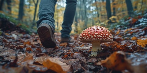 Canvas Print - Person walking in forest with mushroom