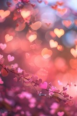 Wall Mural - Beautiful pink and purple heart-shaped bokeh lights create a dreamy, romantic background perfect for Valentine's Day and wedding themes.